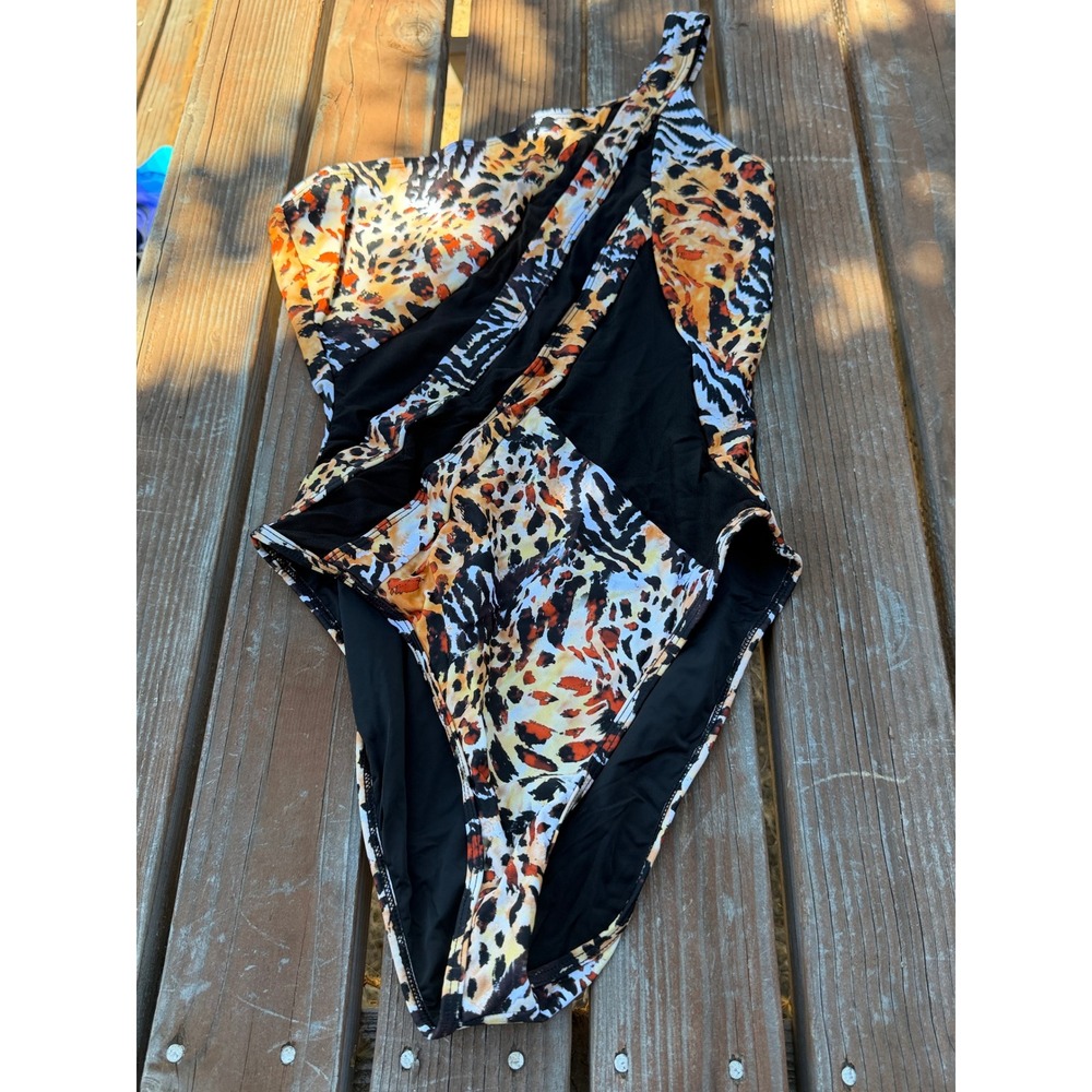 Icon Swim One Shoulder Animal Print Mesh One Piece Swimsuit Leopard Zebra Medium